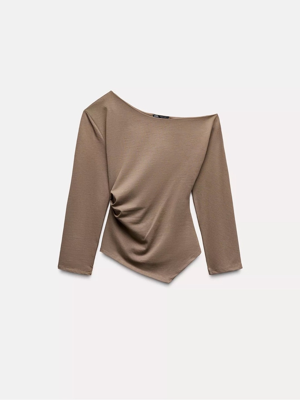 Zara Asymmetric Draped Long-Sleeve Top - Taupe